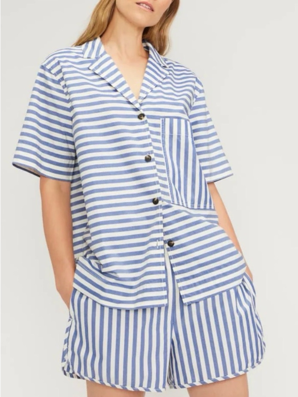 Everlane Blue & White Striped Button Down Poplin Shirt & Short Set